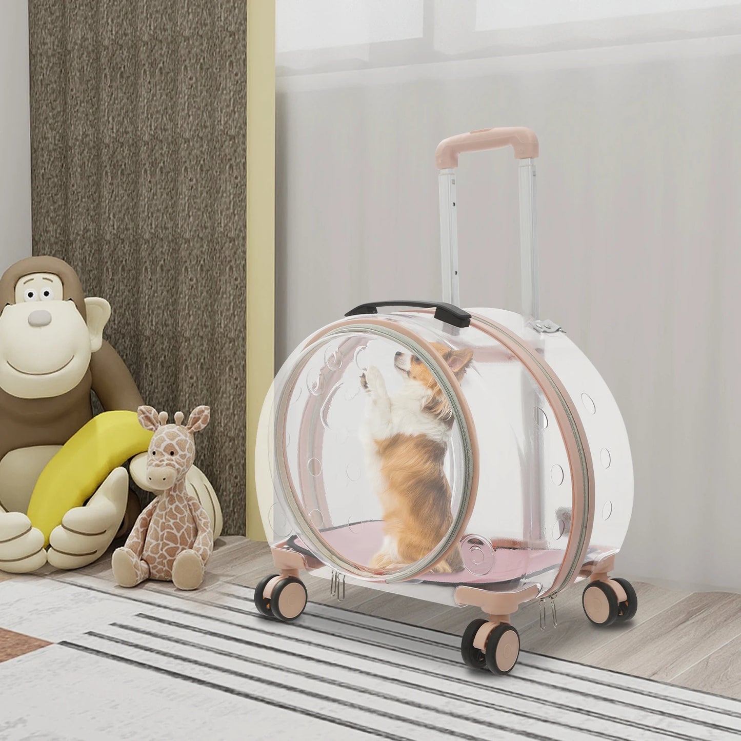 Pink/Green Breathable Cat Carrier,PC Cat Carrier with 4 Rolling Wheels 40*27*45cm for Cats Weighing Within 9kg