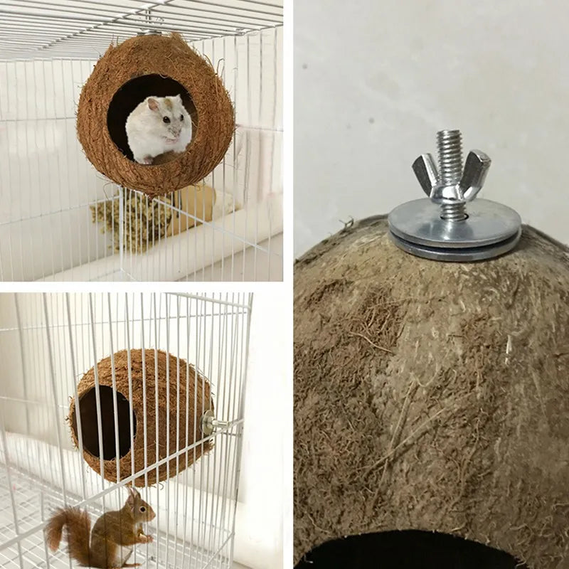 Natural Coco Hideaway Parrot Birds Reptile Coconut Shell Bird Nest Cage Hanging Toy for Budgies Parakeet Cockatiels Hamste House