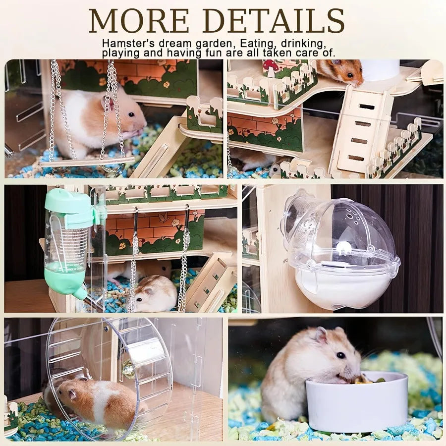 11 in 1 Wooden Hamster Cage with All Accessories 15.8 Inch 3Layer Dwarf Hamster Cage Acrylic Small Animal Cages Pastoral Style