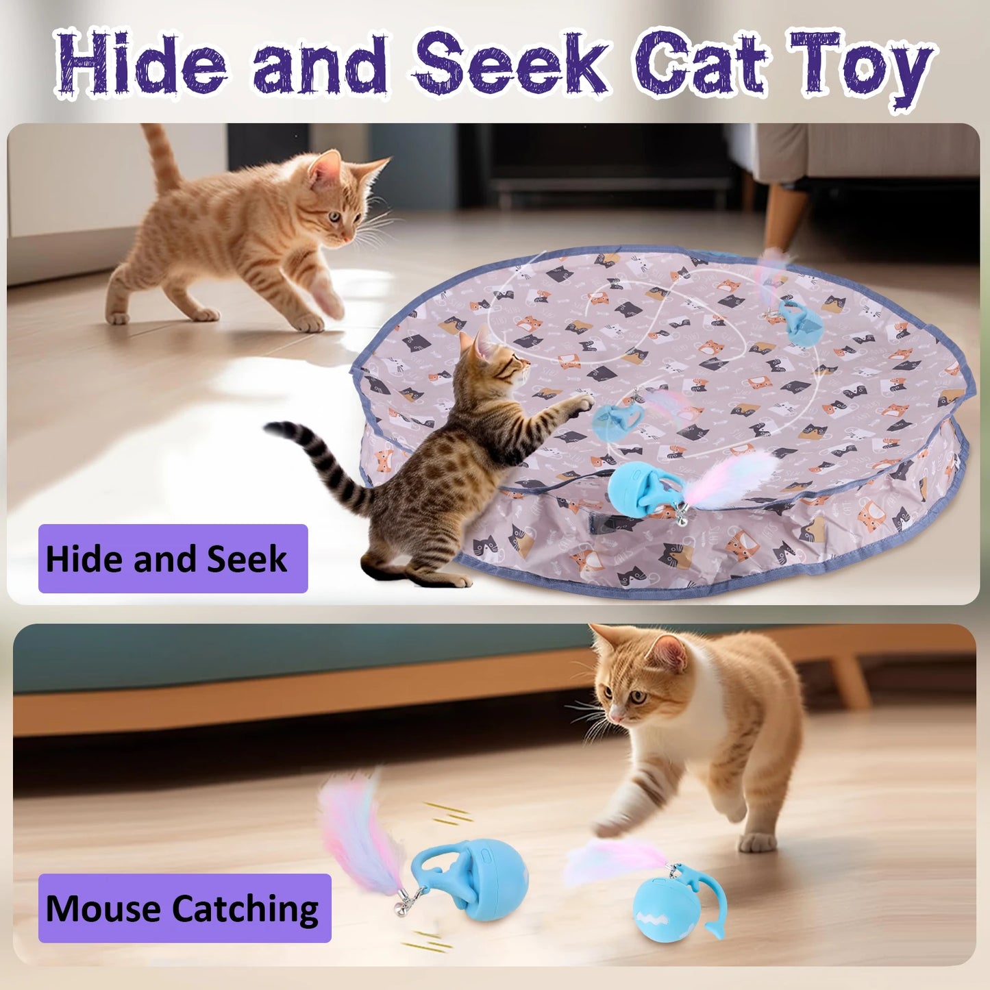 Smart Interactive Cat Toys Ball Fast Rolling in Pouch Hide and Seek Kitten Toy Motion Activated Interactive Cat Toy for Indoor