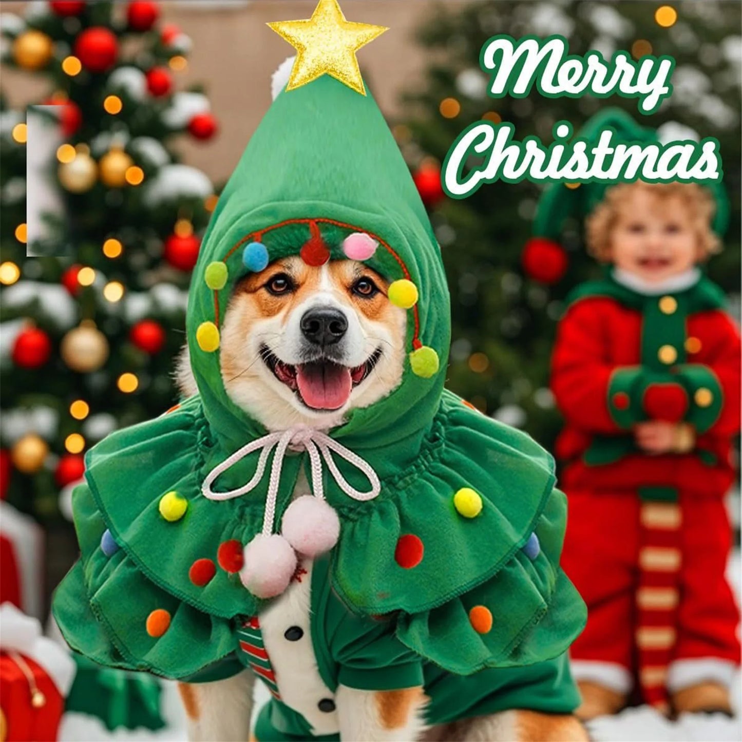 Festive Christmas Tree Costume Cape with Hat and Glitter Star for Cats and Small Dogs - Winter Pet Clothes with Colorful Balls
