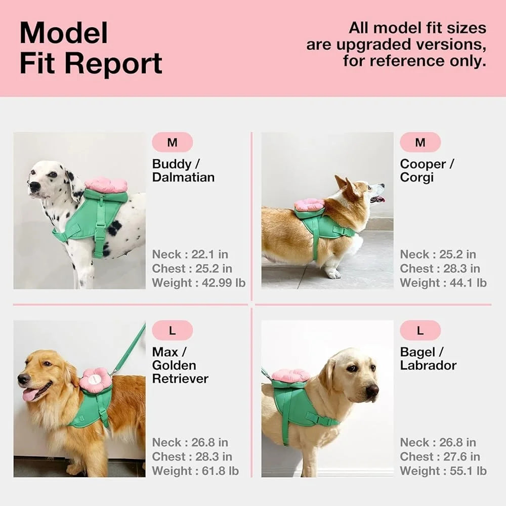 Adjustable No Pull Dog Harness Leash Collar Set Soft Padded Pet Vest Control Walking Training Floral Backpack Storage