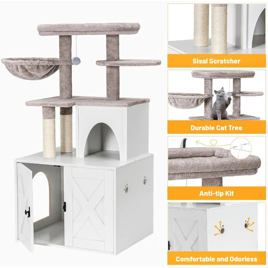 White Wooden Cat Litter Box Enclosure with Integrated Cat Tree Tower and Hidden Washroom Condo Furniture Featuring Sisal Scratc