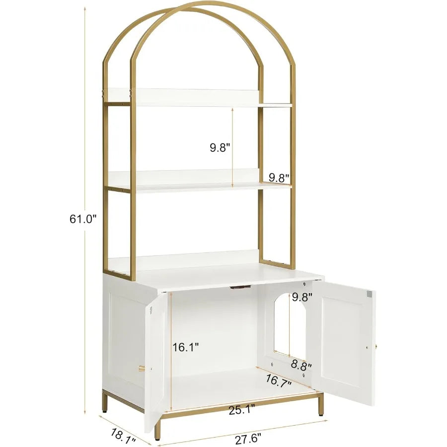 Modern Wooden Cat Litter Box Enclosure with Hidden Design and 2Tier Storage Shelves Metal Frame Support White and Gold Finish I