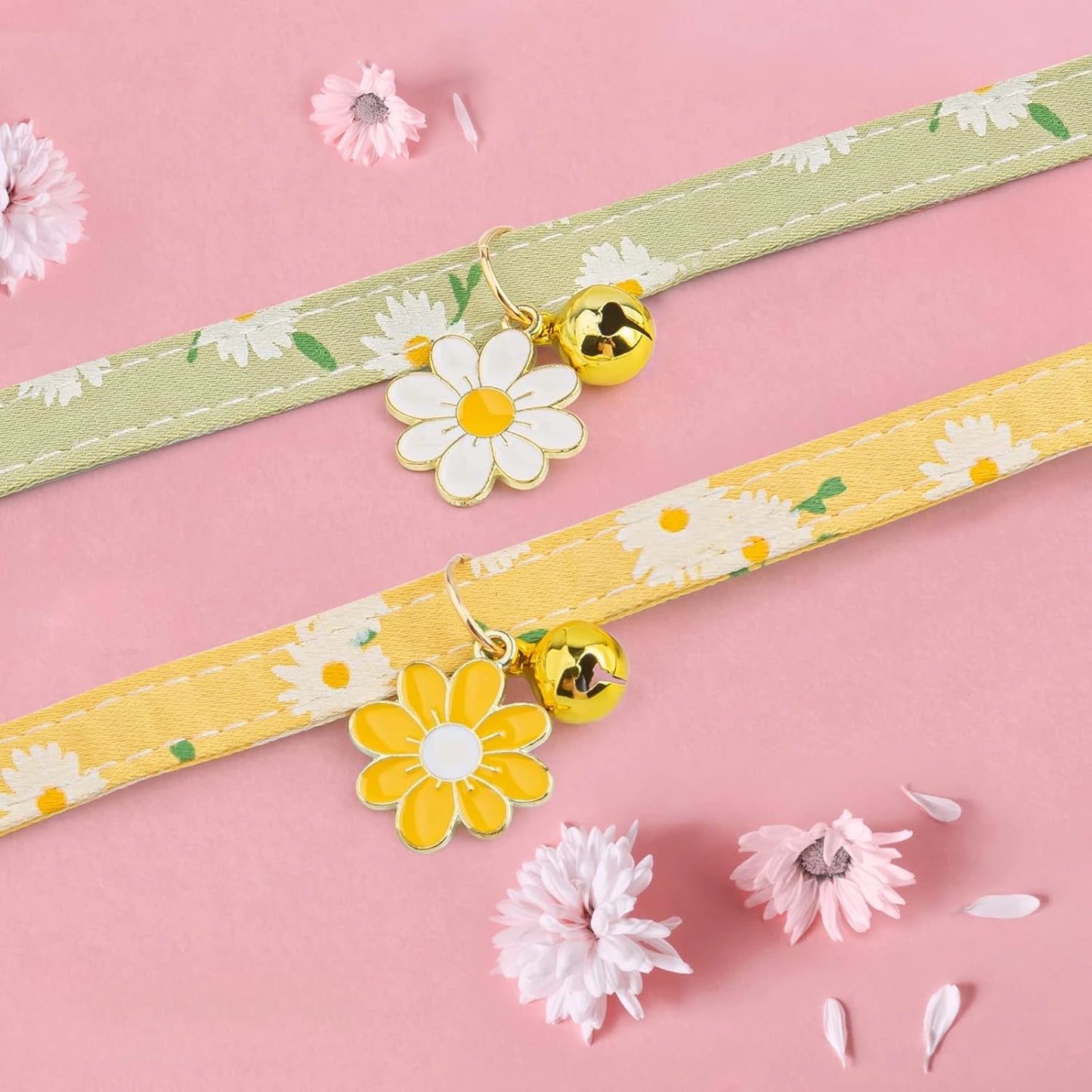 2-Pack Cotton Cat Collars: Breakaway, Bell & Yellow/Green Flower Pendants. Cute Kitten Collars for Girls & Boys.