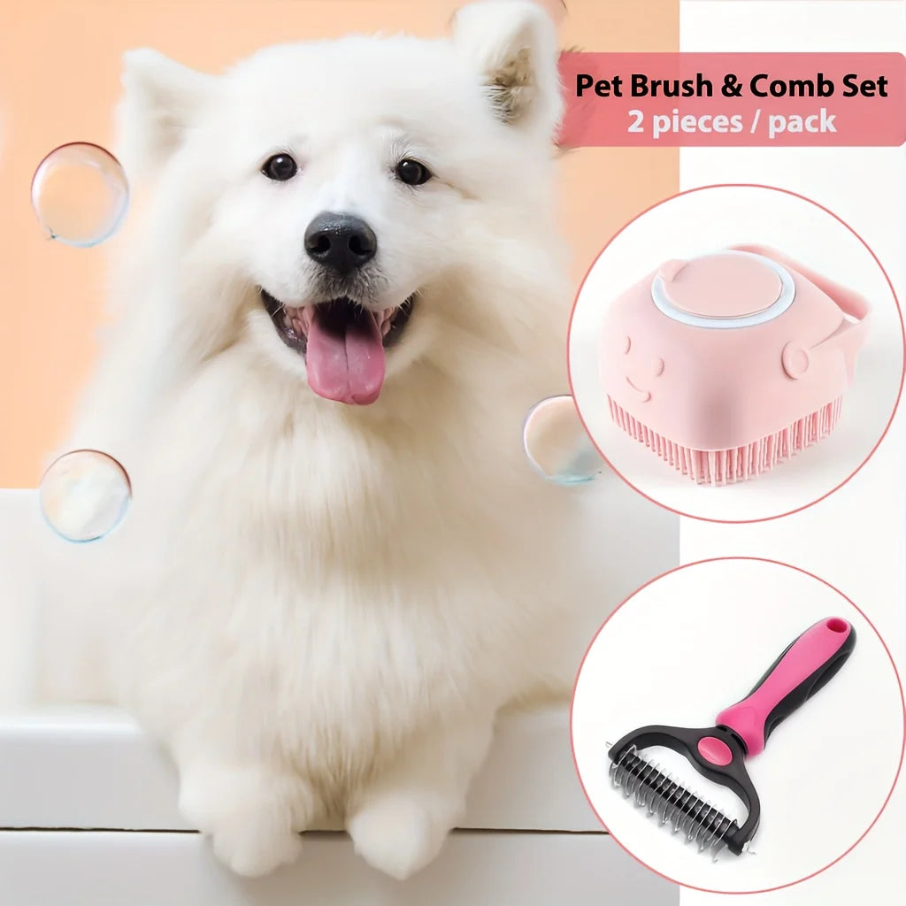 【2-in-1 Pet Grooming Brush】Dual-Sided Deshedding Tool, Stainless Steel Comb & Silicone Massage Brush, Reduce Shedding Painless f