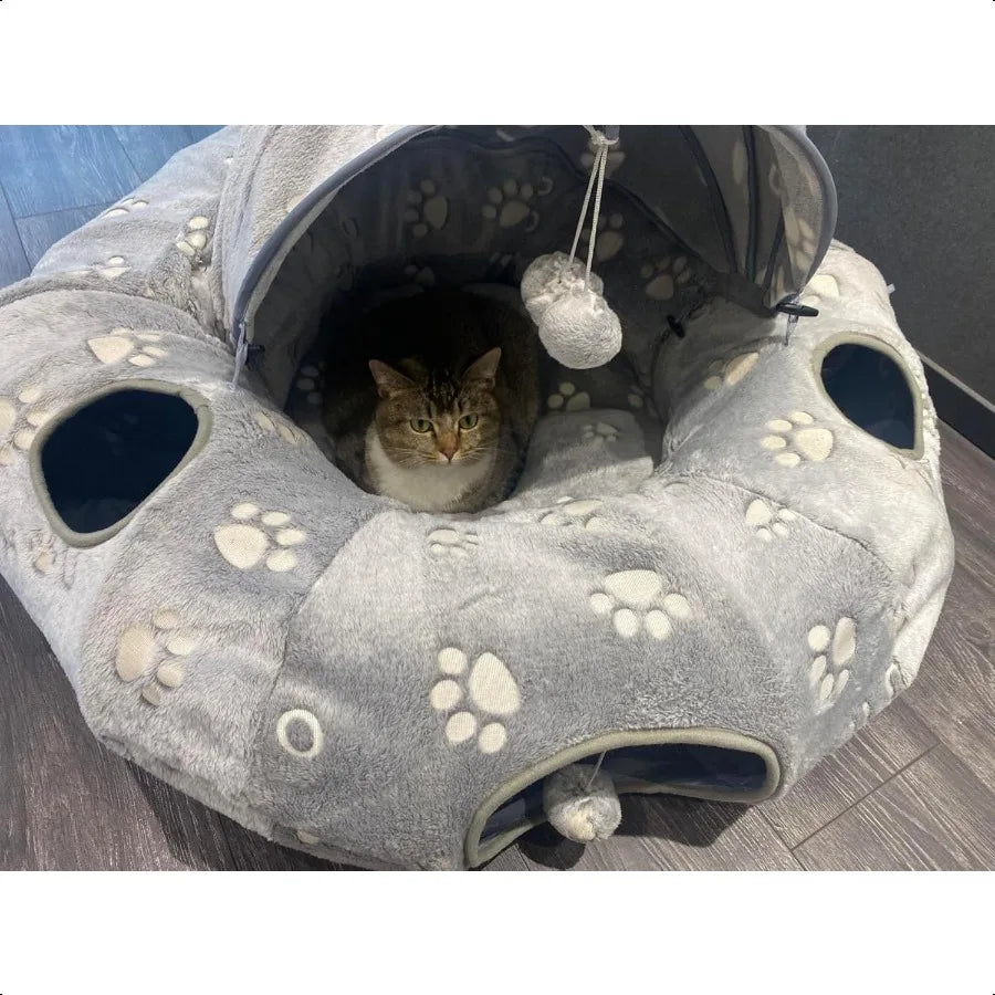 Cat Tunnel Bed Cat Tunnels for Indoor Cats Cat Donut Tunnel Toy with Washable Circle Cushion Straight Shaped Tunnel 4 Fluffy Ba