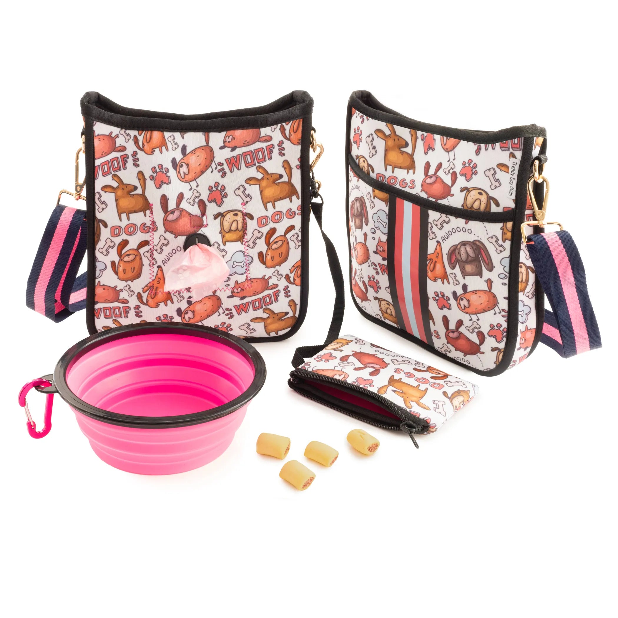 Pet accessory set with two bags, a pink bowl, and treats on a white background