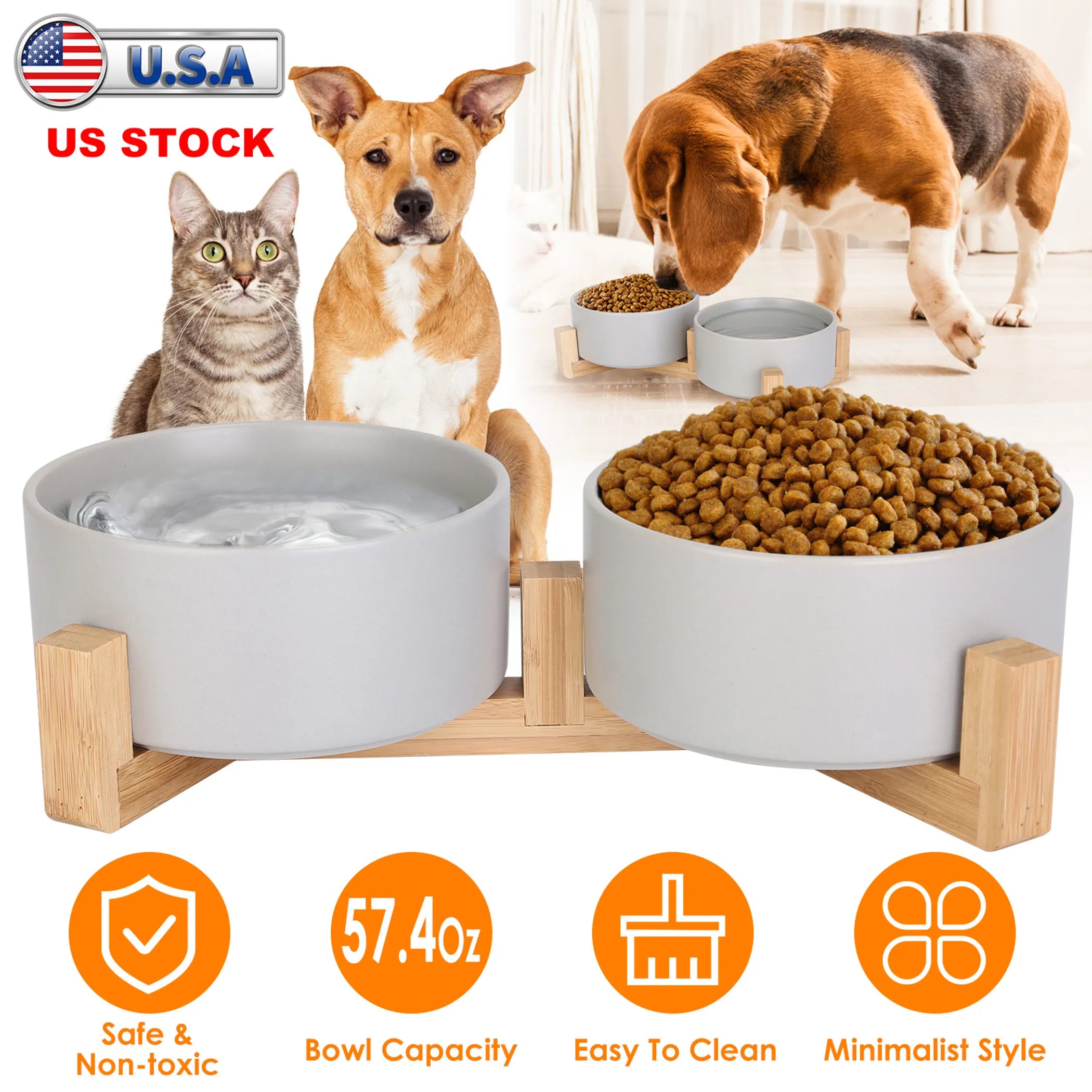 Double 28.7Oz Ceramic Pet Bowls Dog Cat Bowls