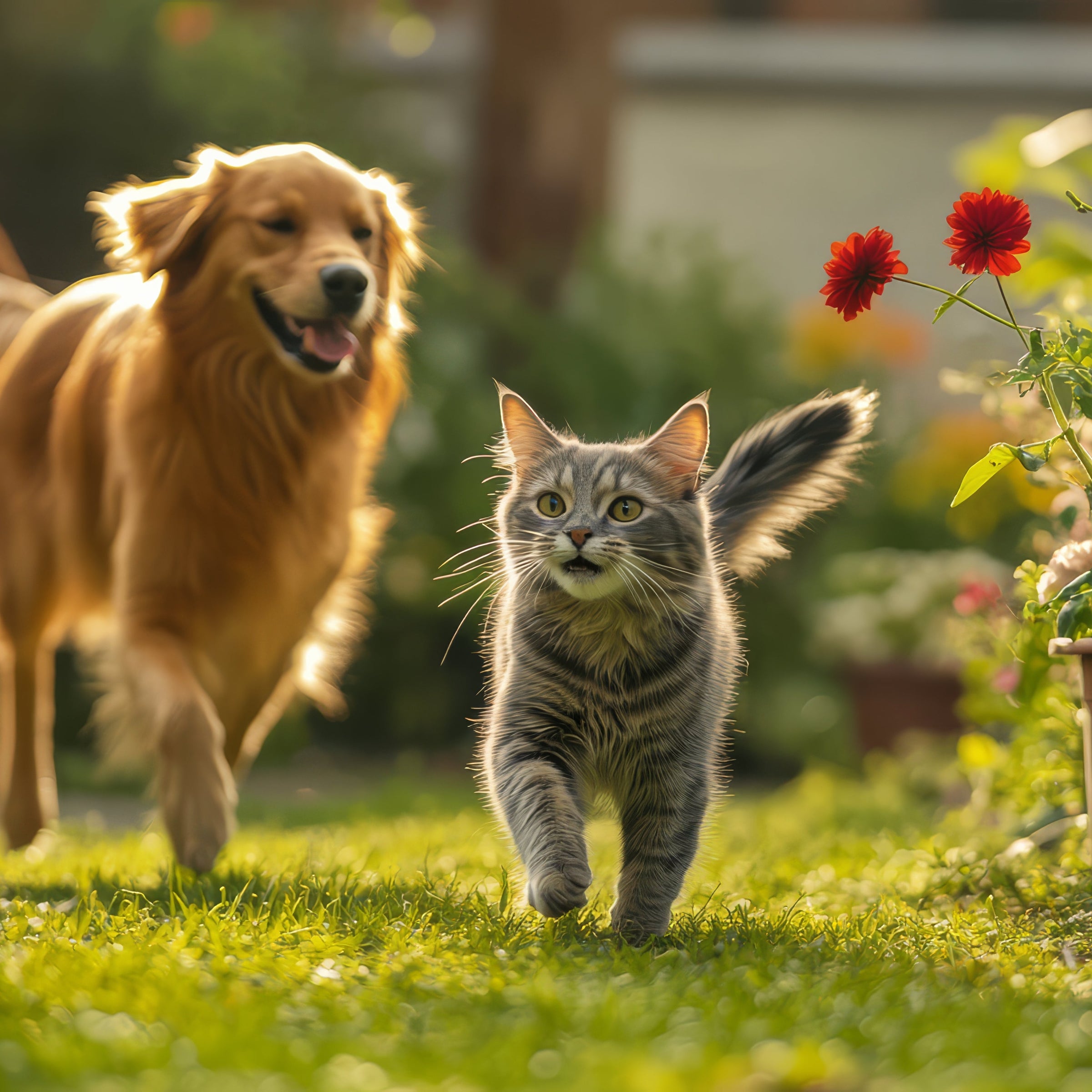Dog and cat walking together in a garden with flowers and plants.