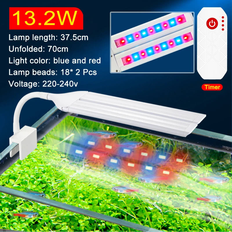 LED lamp for aquarium with specifications and timer on a dark background