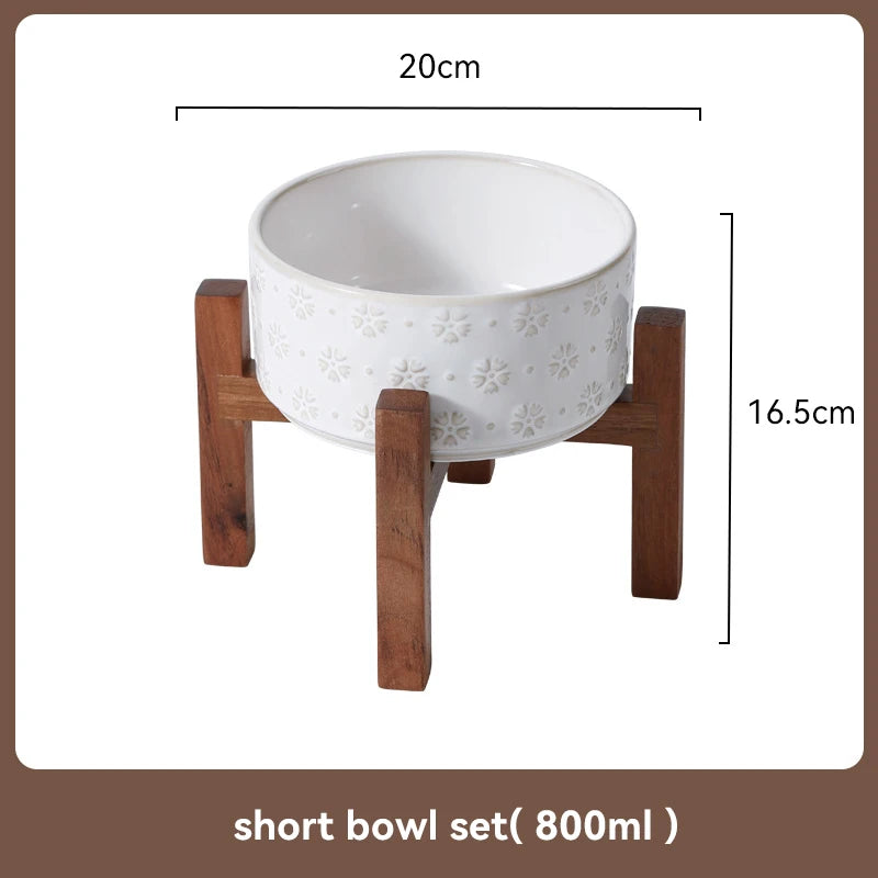 Ceramic Dog Bowl Set with Wooden Stand 1200ml 1800ml Anti Slip Pet Feeder for Medium Large Dogs Elevated Double Food Water Dish