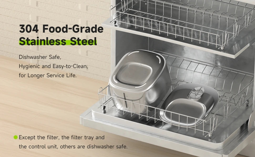Dishwasher with a filter tray and control unit, highlighting 304 food-grade stainless steel.