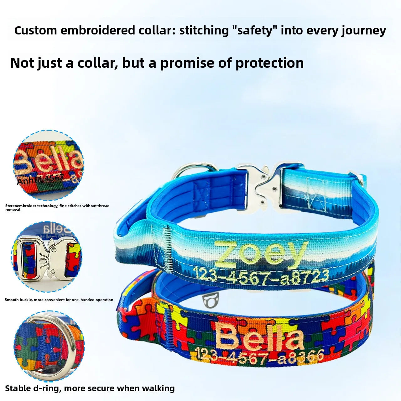 Custom embroidered dog collar with colorful design and text on a light blue background
