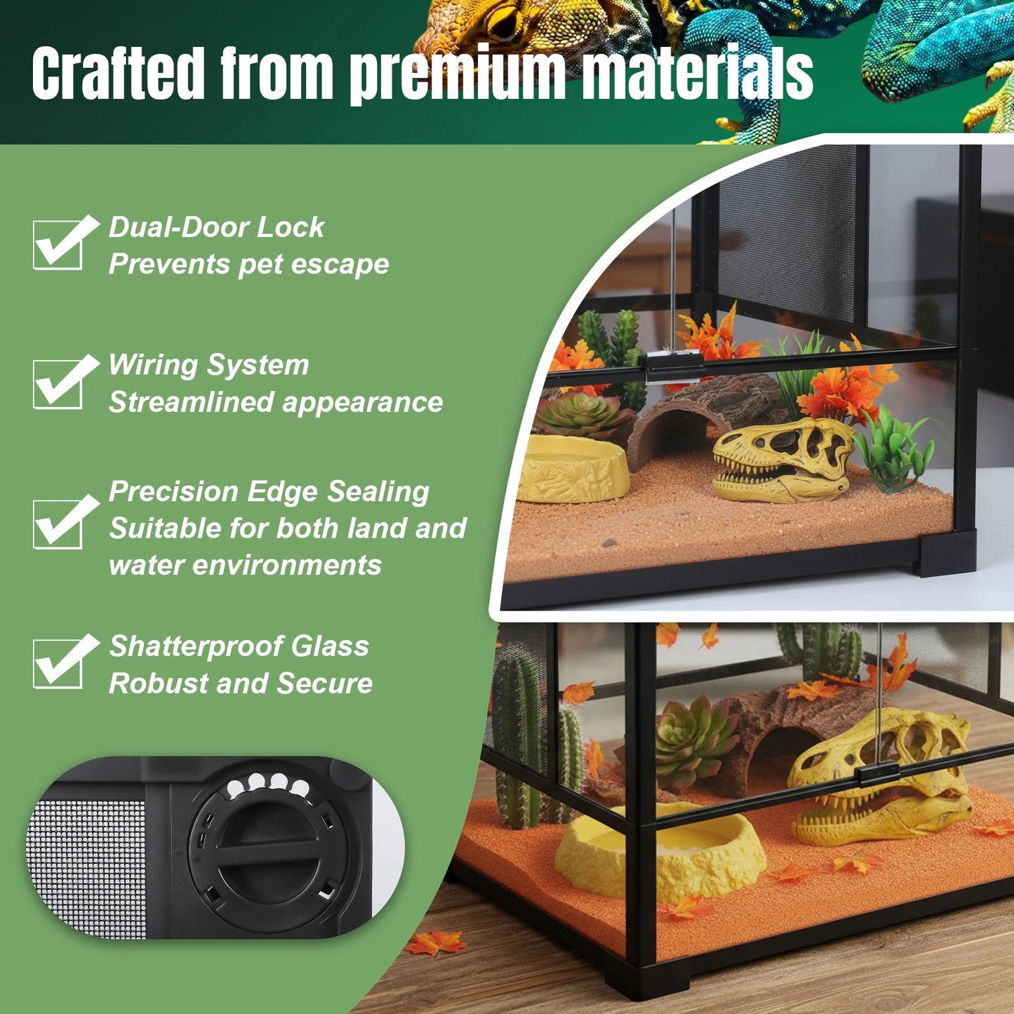 Reptile Zoo Tall Glass Rainforest Habitat Double Hinge Door with Screen Ventilation Reptile Terrarium Easy Assembly Tree Frogs