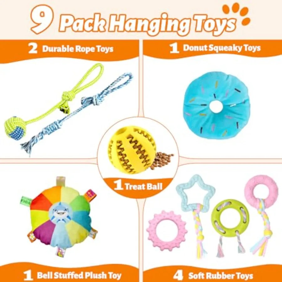 9-pack of hanging dog toys with descriptions on a white background