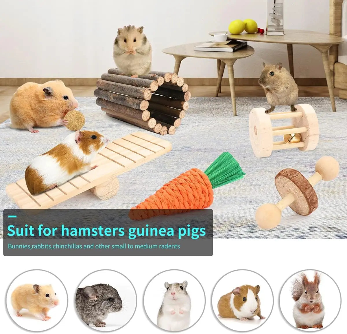 12-Piece Hamster Cage Chew Toy Set – Natural Molar Grinding & Hideout Seesaw for Rabbits, Guinea Pigs & Small Pets