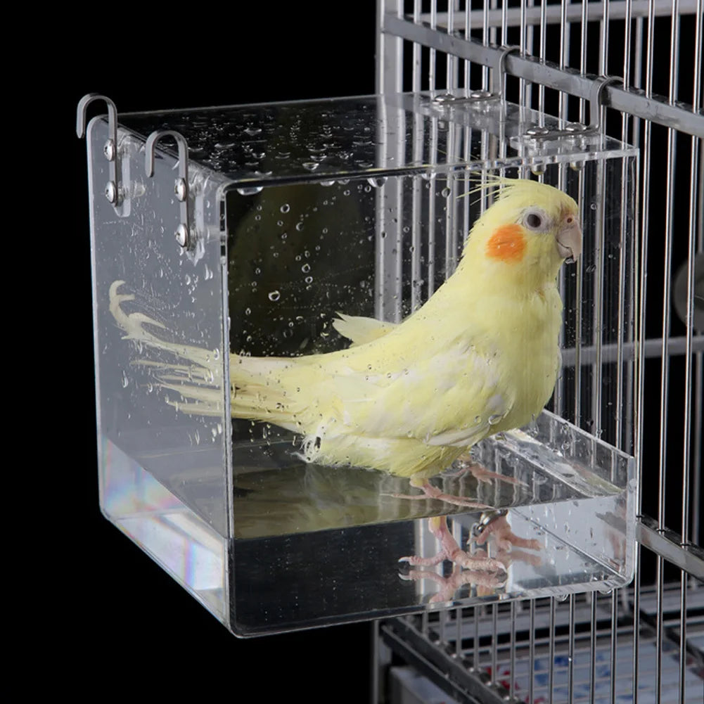 Transparent Acrylic Bird Bath Box Thickened Hanging Water Bath Tub Bird Supplies Shower Cage Accessory