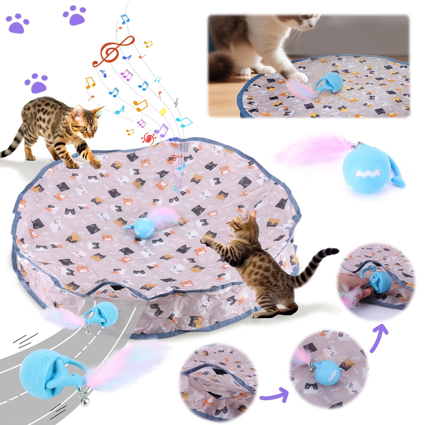 Smart Interactive Cat Toys Ball Fast Rolling in Pouch Hide and Seek Kitten Toy Motion Activated Interactive Cat Toy for Indoor