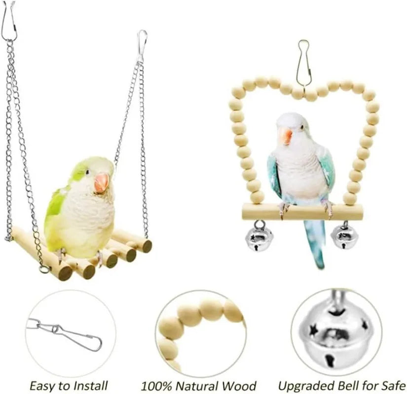 Bird Parrot Wooden Swings Chew Hanging Bell Cage Toys Perch for Small Parakeets Cockatiels Finches Budgie (Bird Swings-8)