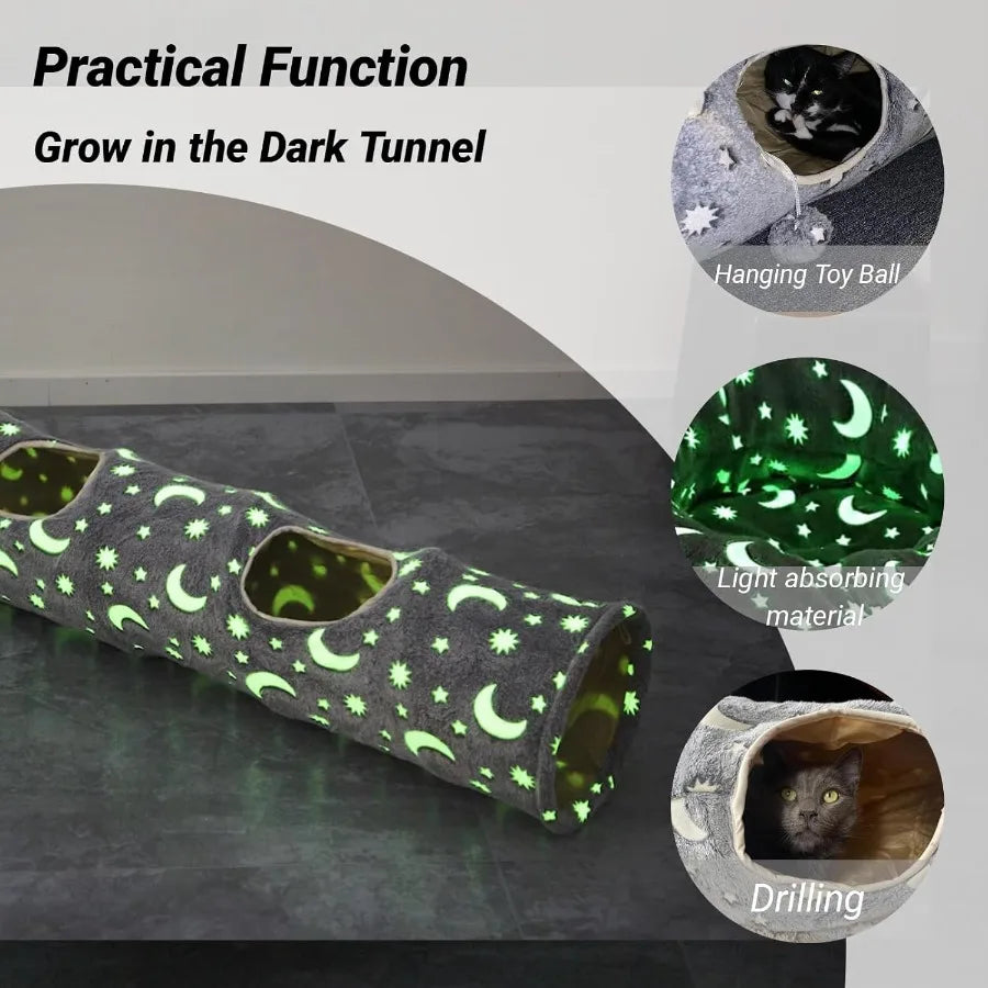 Collapsible SelfLuminous Photoluminescent Cat Tunnel Tube with Plush Ball Toys for Small Pets Bunny Rabbits Kittens Ferrets Pup