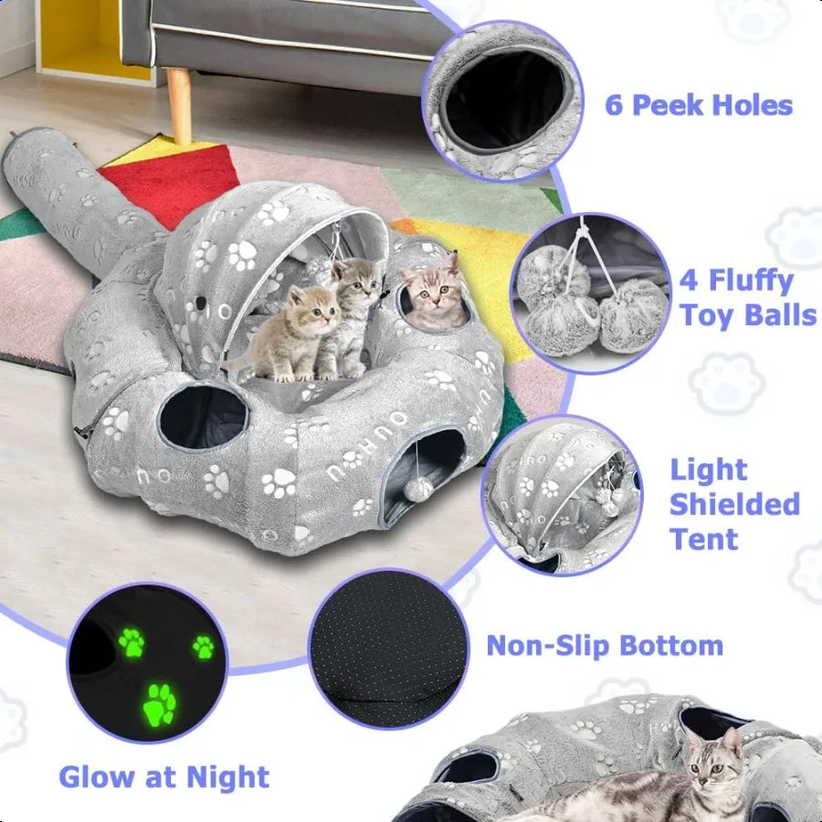 Cat Tunnel Bed Cat Tunnels for Indoor Cats Cat Donut Tunnel Toy with Washable Circle Cushion Straight Shaped Tunnel 4 Fluffy Ba