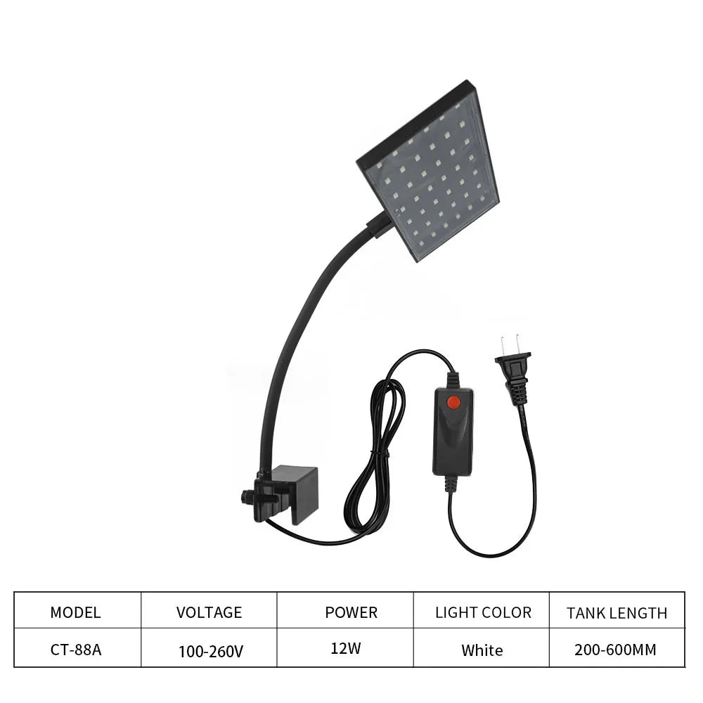 LED light fixture with flexible arm and power cord on a white background