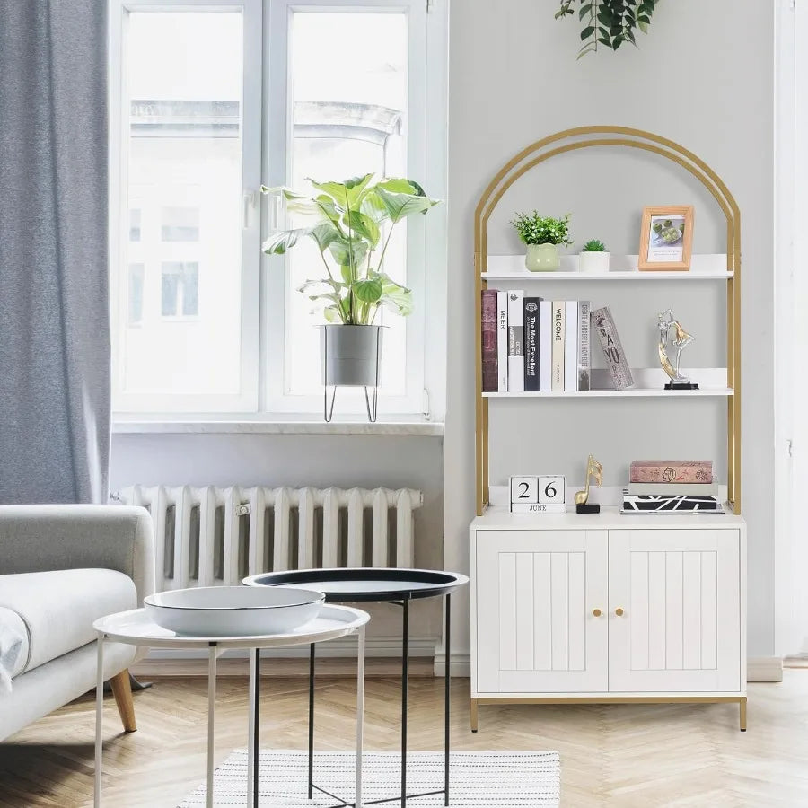 Modern Wooden Cat Litter Box Enclosure with Hidden Design and 2Tier Storage Shelves Metal Frame Support White and Gold Finish I