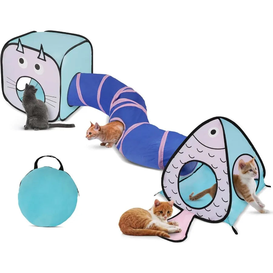 Interactive Crinkle Collapsible Cat Tube and Foldable Cubes Playground for Kitty Rabbit Puppy Ferret Hiding Hunting and Resting