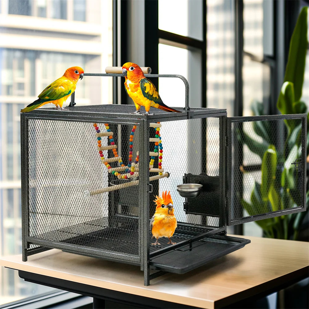Heavy Duty Wrought Iron Bird Cage Travel Carrier Cage with Handle Wooden Perch for Parrots Canaries Budgies Lovebirds Cockatiels