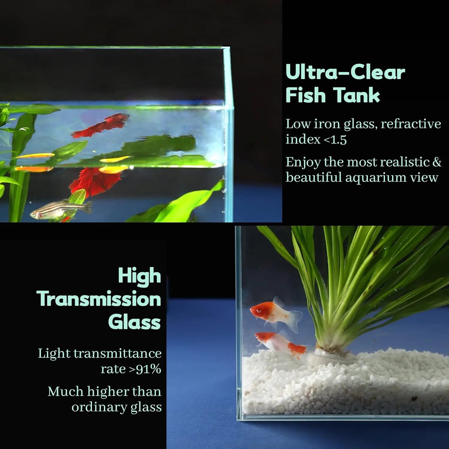 Ultra-clear fish tank with fish and plants, highlighting features like low iron glass and high transmission rate.