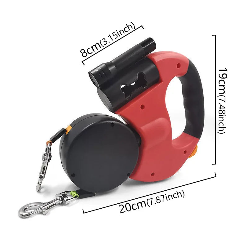 Dual Dog Retractable Leash with LED Flashlight & Waste Bag Dispenser