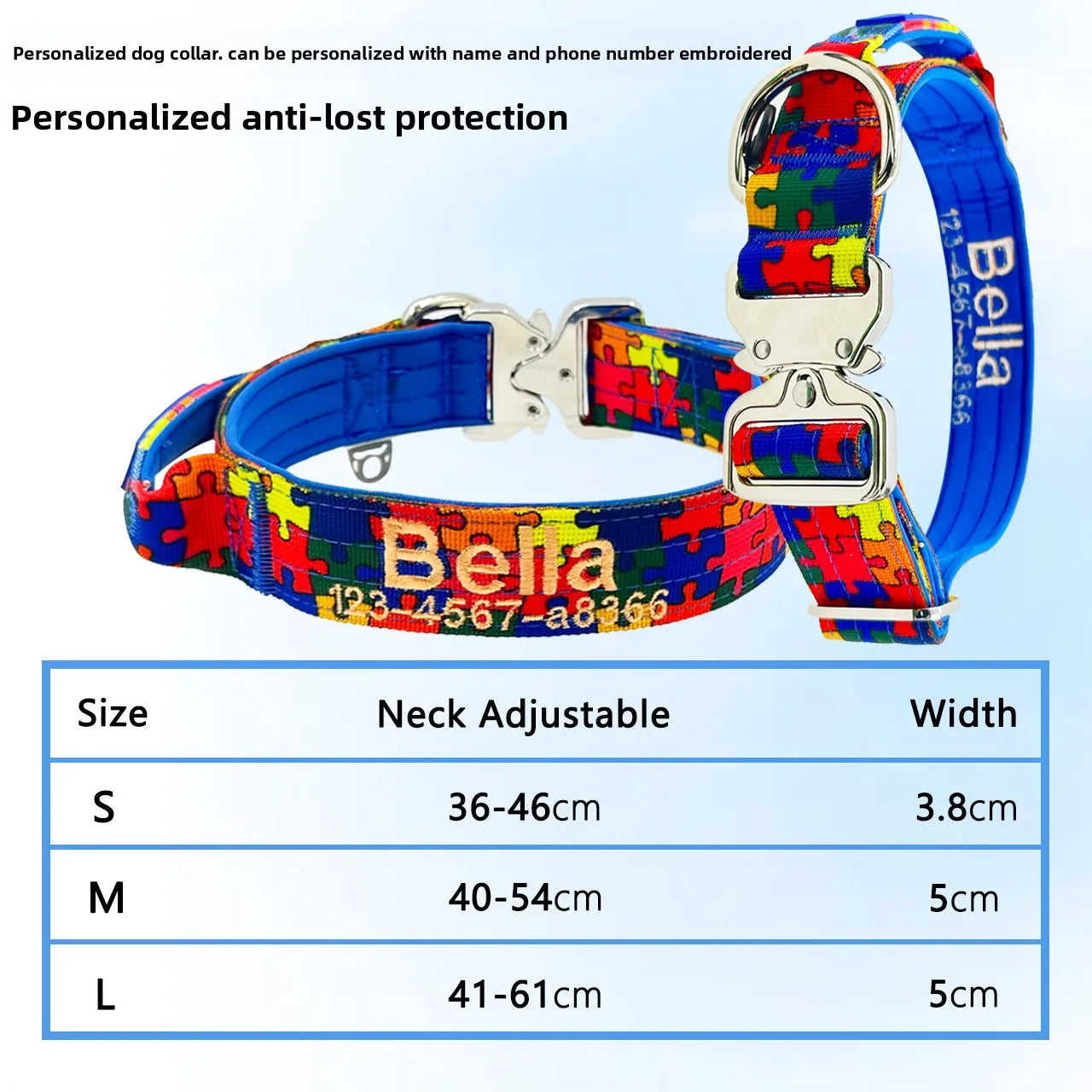 Colorful puzzle-patterned dog collar with 'Bella' branding and size chart on a white background