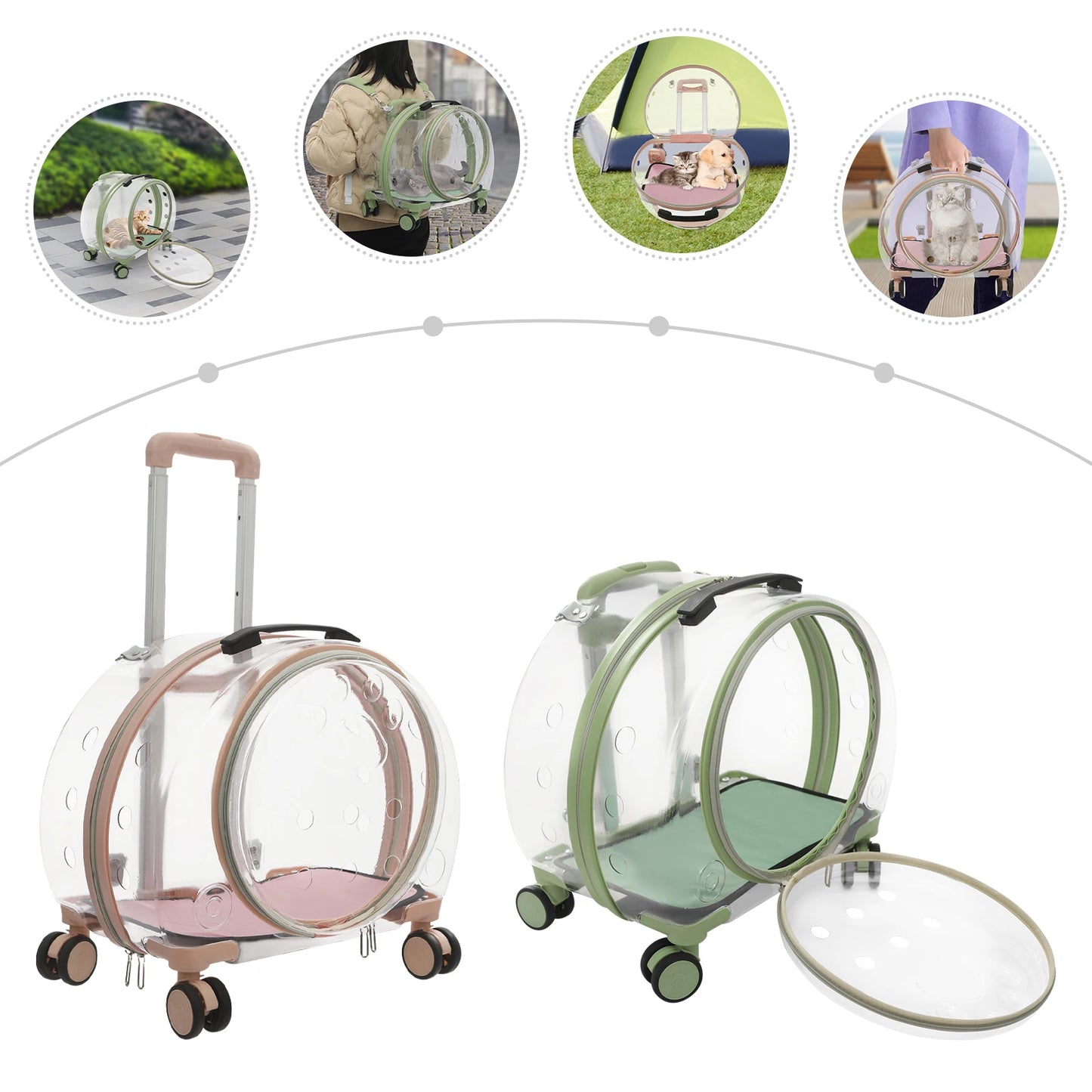 Pink/Green Breathable Cat Carrier,PC Cat Carrier with 4 Rolling Wheels 40*27*45cm for Cats Weighing Within 9kg