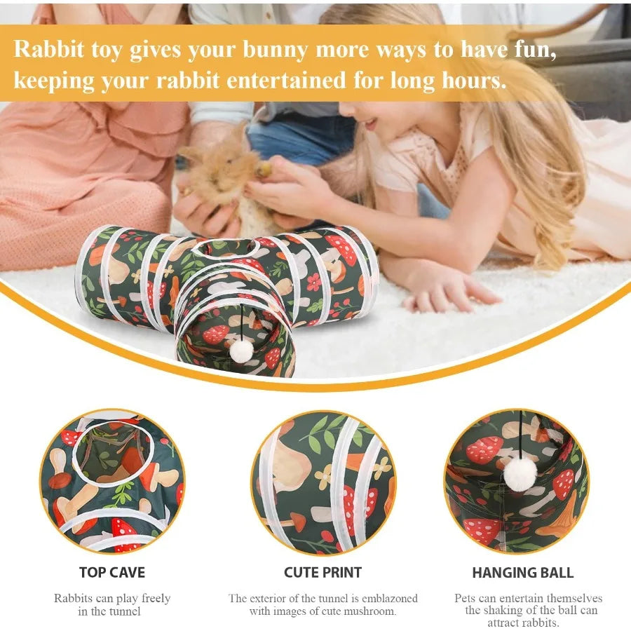 Rabbit Toys Bunny Tunnel Tube Collapsible 3 Way Rabbit Hideout Tunnel with Chew Toy for Bunny Guinea Pig Ferret Kitten Ideal In