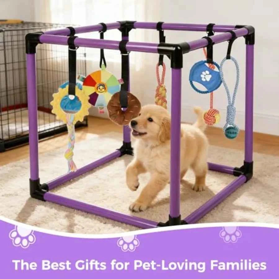 Indoor Puppy Play Gym with 8 Hanging Enrichment Toys – PVC Jungle Gym for Small Dogs