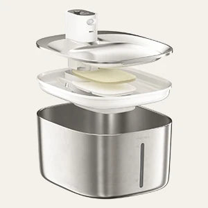 Stainless steel kitchen storage container with a lid on a white background