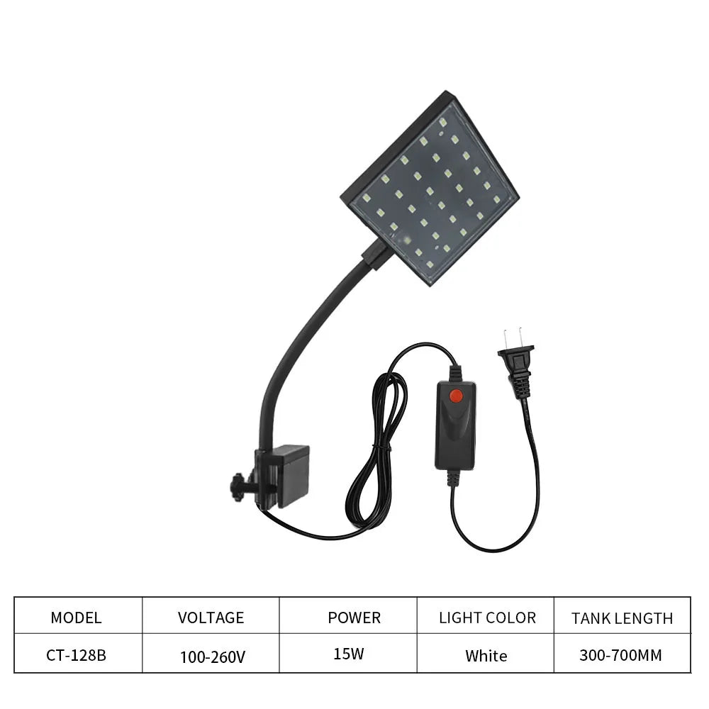 Aquarium light with flexible arm and power cord on a white background
