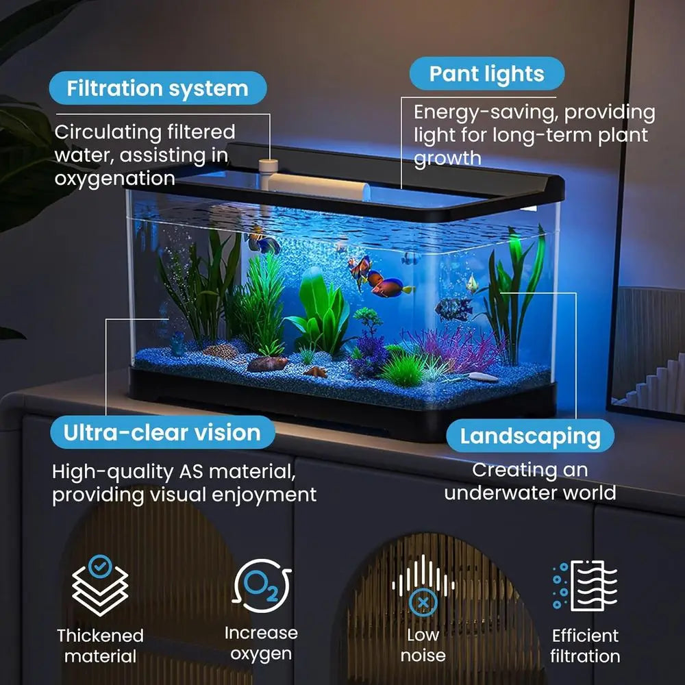 Fish tank with labeled features on a dark background