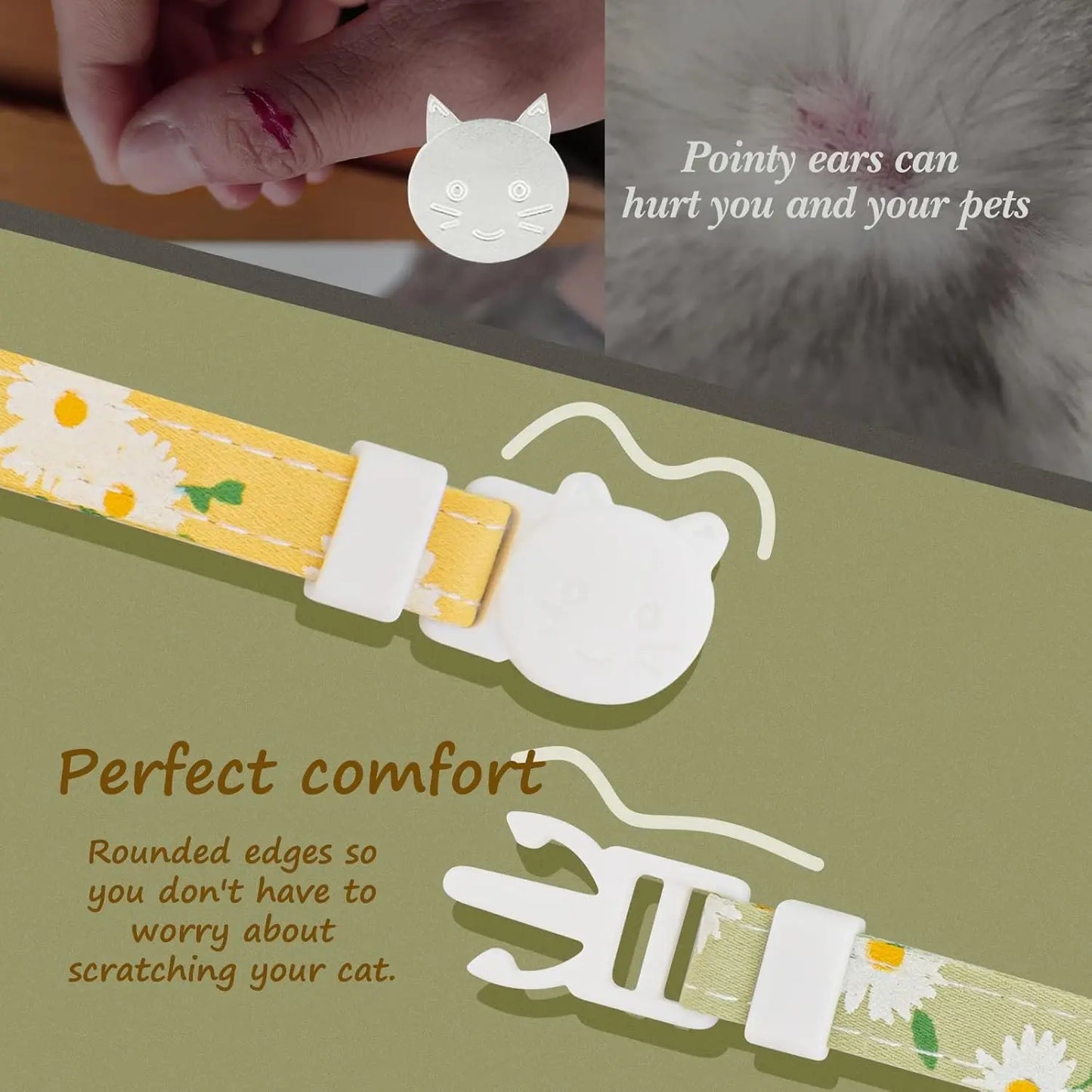 2-Pack Cotton Cat Collars: Breakaway, Bell & Yellow/Green Flower Pendants. Cute Kitten Collars for Girls & Boys.