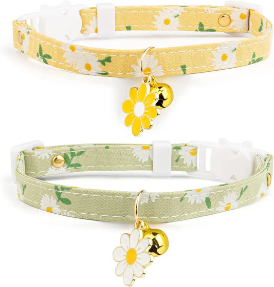 2-Pack Cotton Cat Collars: Breakaway, Bell & Yellow/Green Flower Pendants. Cute Kitten Collars for Girls & Boys.