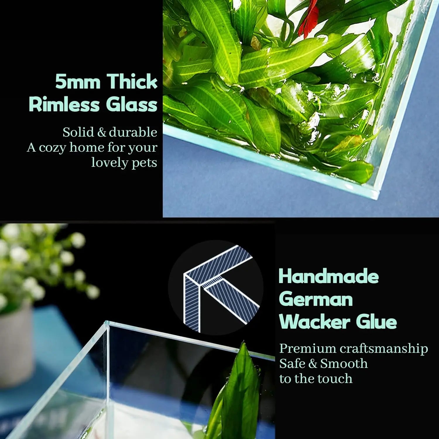 Glass aquarium with text about thickness, durability, and glue quality.