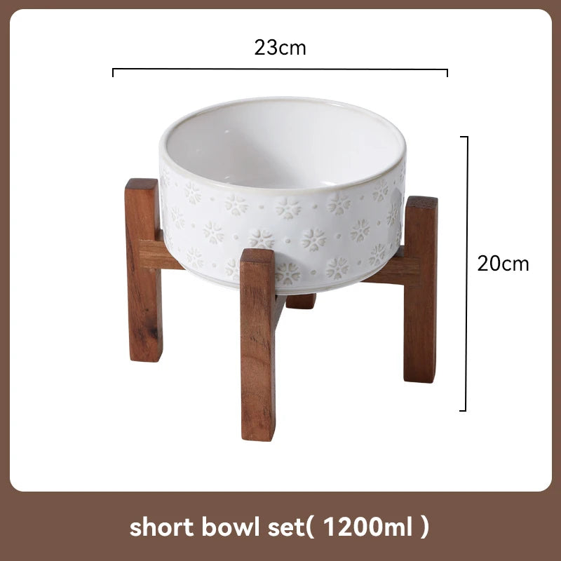Ceramic Dog Bowl Set with Wooden Stand 1200ml 1800ml Anti Slip Pet Feeder for Medium Large Dogs Elevated Double Food Water Dish