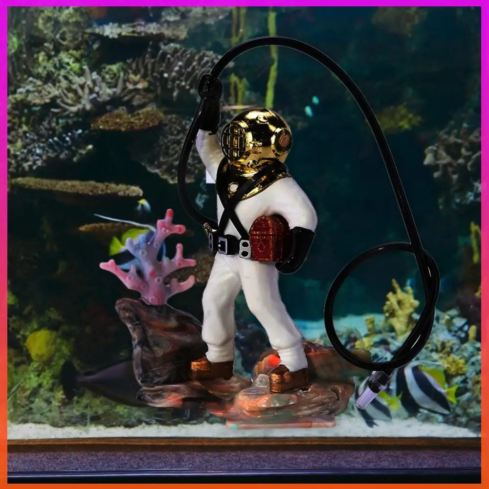 Small figurine of a diver with a gold helmet on a coral reef background