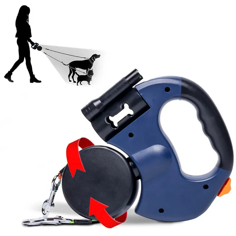 Dual Dog Retractable Leash with LED Flashlight & Waste Bag Dispenser