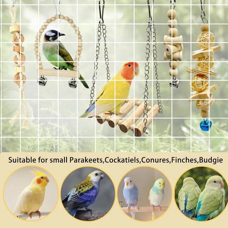 Bird Parrot Wooden Swings Chew Hanging Bell Cage Toys Perch for Small Parakeets Cockatiels Finches Budgie (Bird Swings-8)