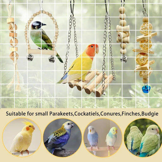 Bird Parrot Wooden Swings Chew Hanging Bell Cage Toys Perch for Small Parakeets Cockatiels Finches Budgie (Bird Swings-8)