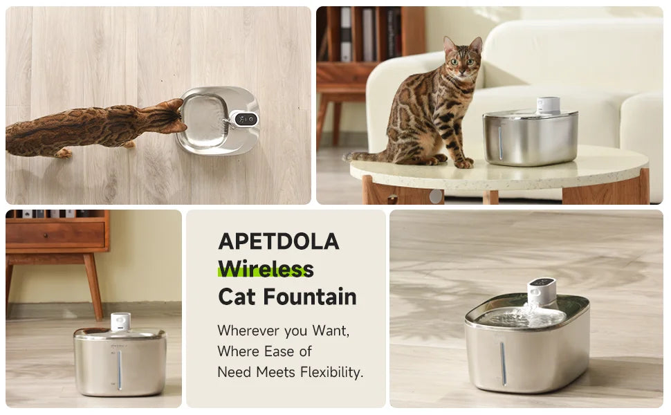 Collage of APETDOLA Wireless Cat Fountain in various settings with a cat interacting.