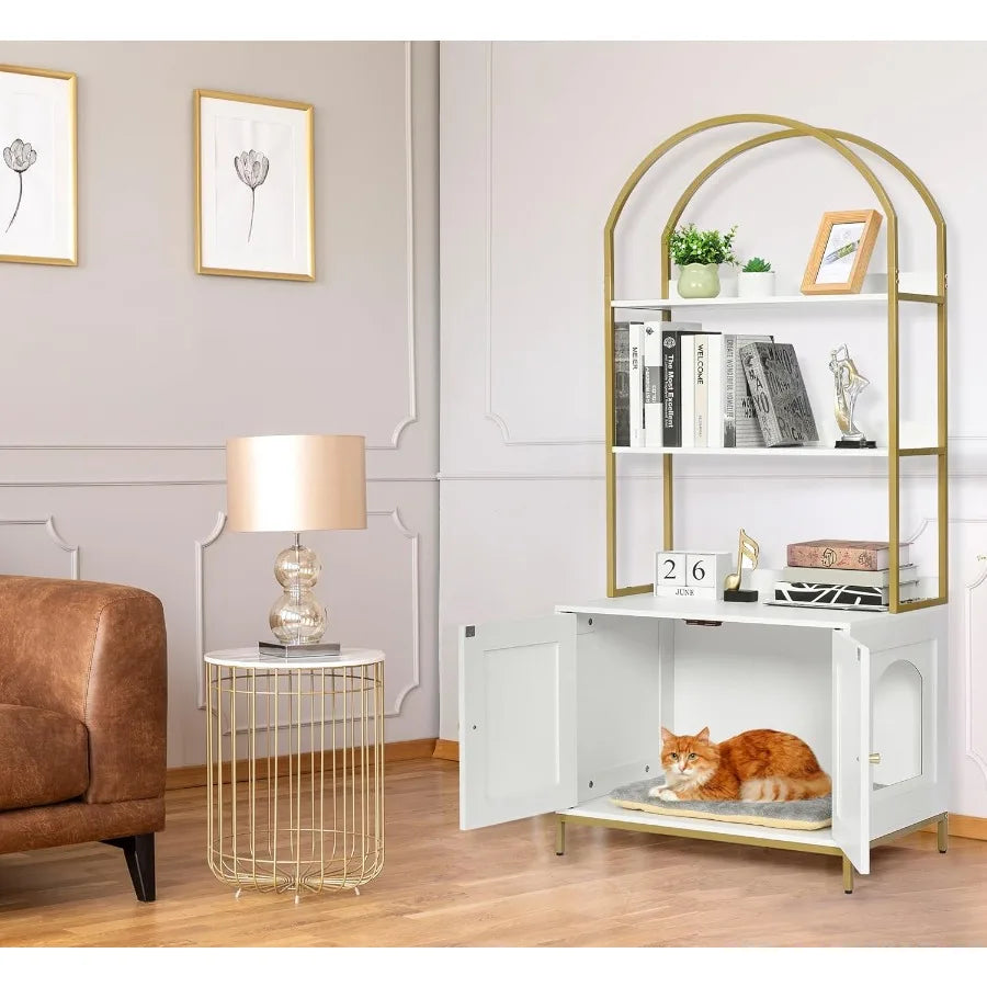Modern Wooden Cat Litter Box Enclosure with Hidden Design and 2Tier Storage Shelves Metal Frame Support White and Gold Finish I