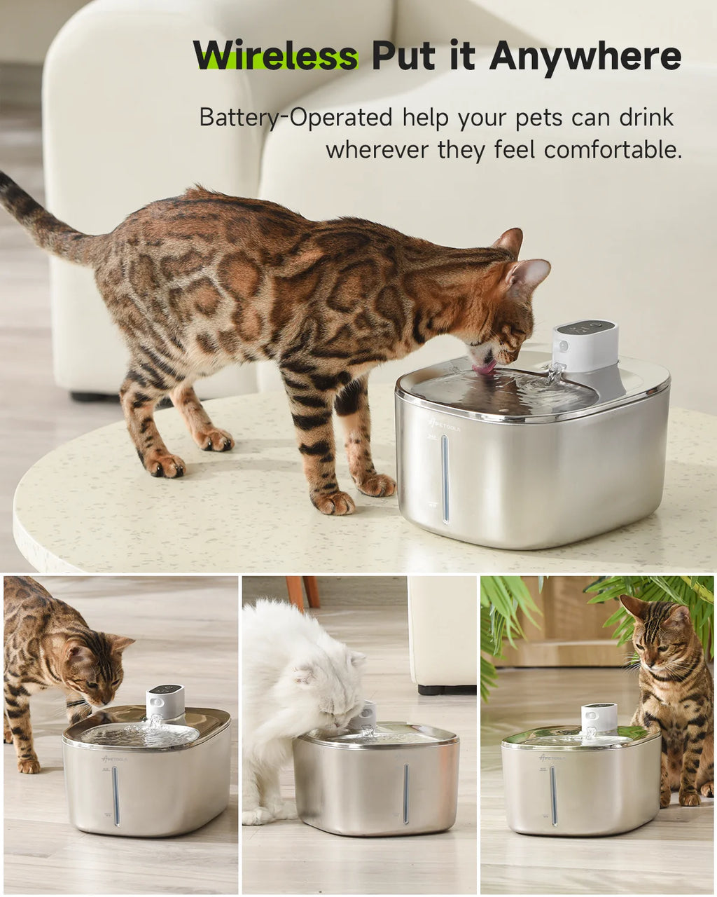 Cat drinking from a wireless pet water fountain with text highlighting its portability.